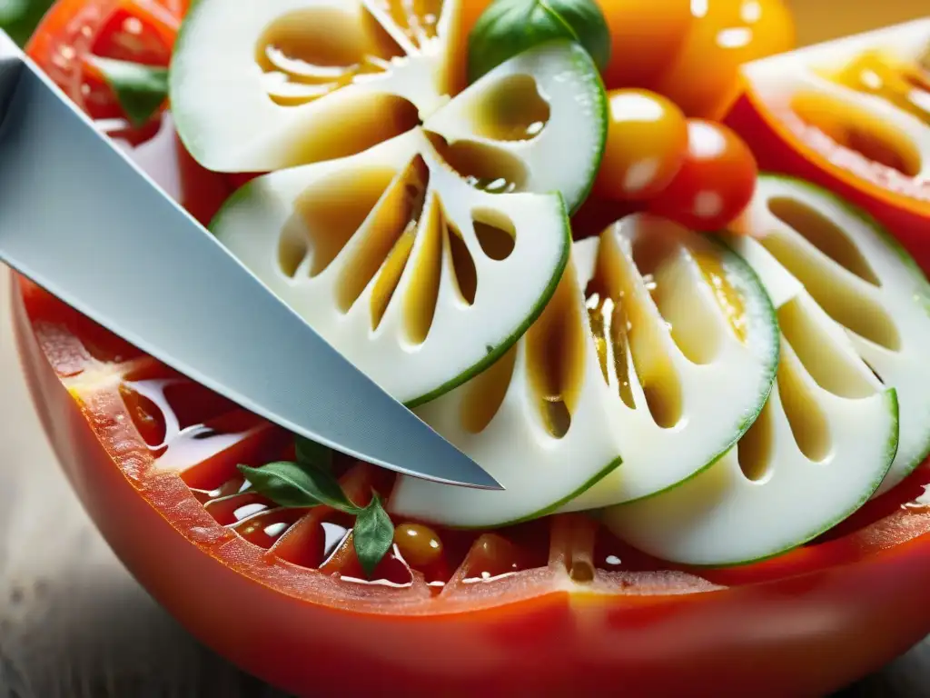 Detalle vívido de un tomate rojo siendo cortado para una receta auténtica Insalata Caprese, resaltando sus semillas y jugos brillantes