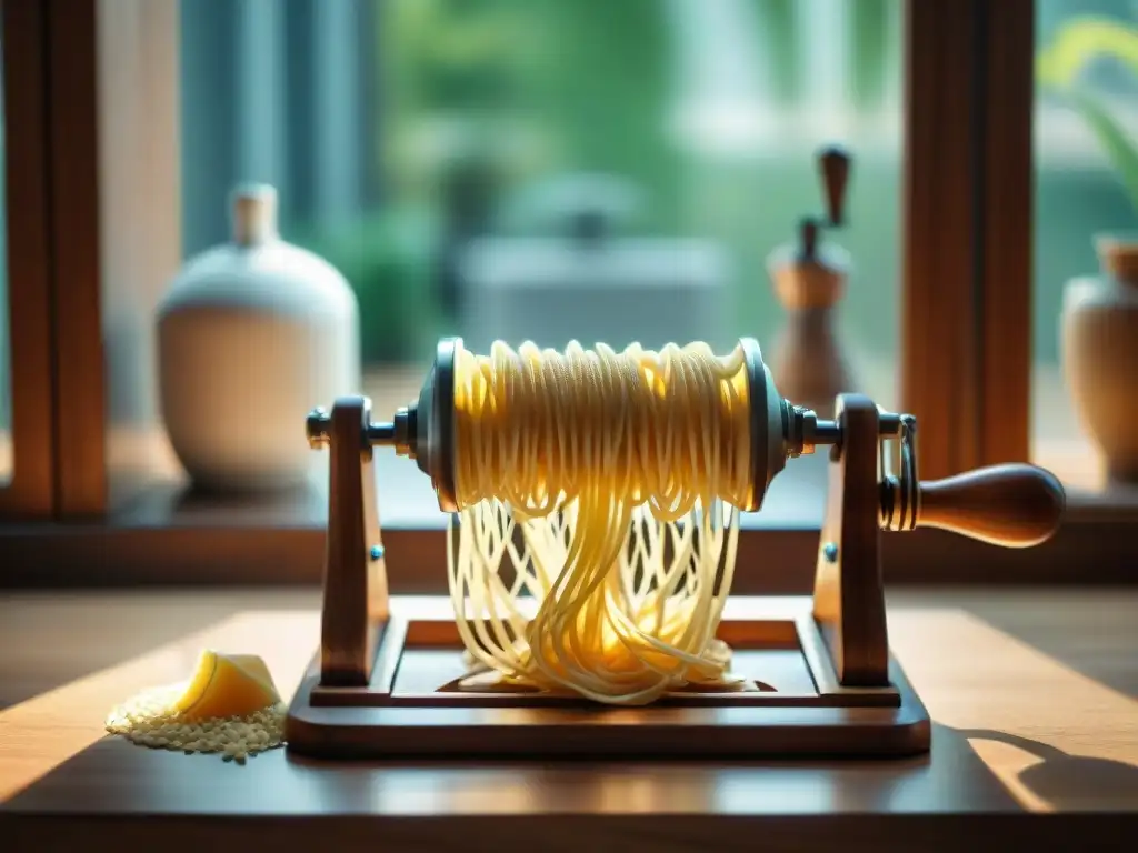 Detalles de un antiguo fabricante de pasta de madera, con grabados intrincados y texturas envejecidas, salpicado de harina, iluminado por luz natural