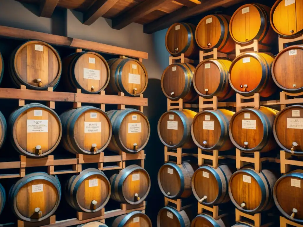 Detalles de barricas de madera en bodega de Vinagre Balsámico Módena IGP, evocando historia y artesanía