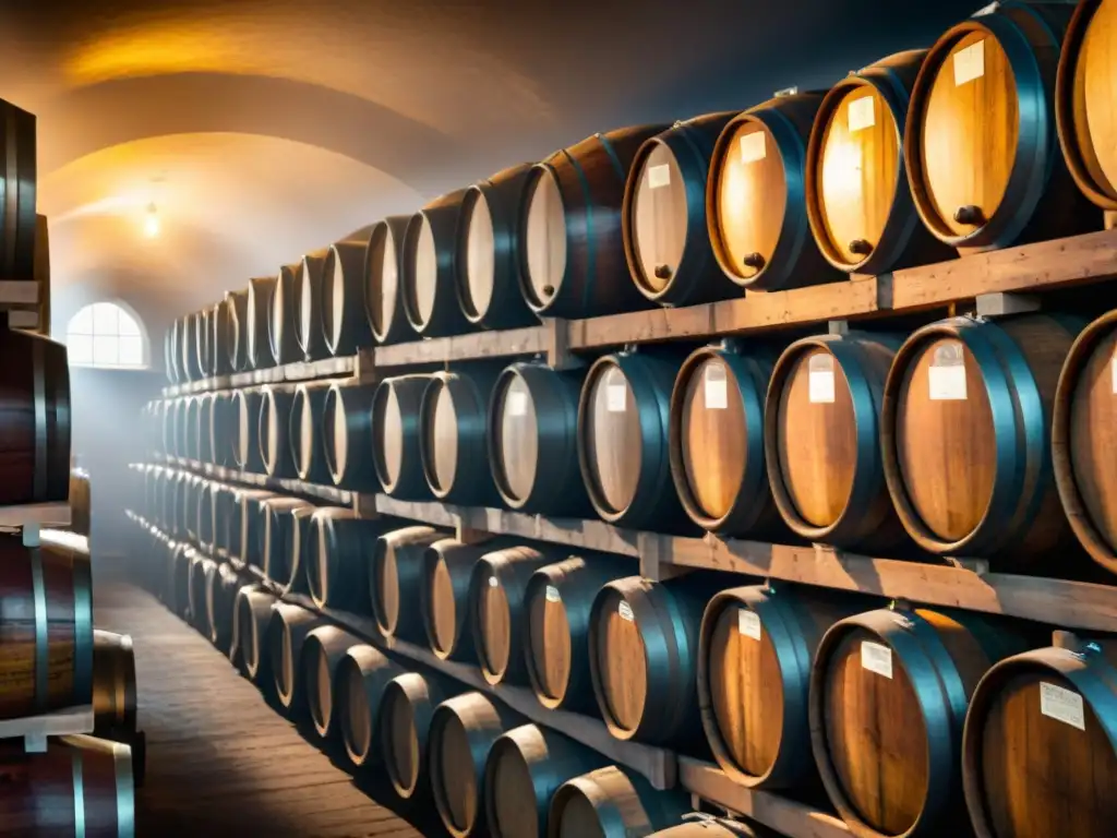 Detalles de barricas de madera en bodega, conservación vinagre balsámico envejecido