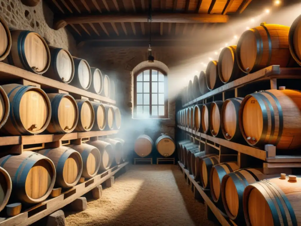 Detalles de una bodega italiana tradicional con barriles de madera para fermentar, mostrando técnicas de cocina italiana fermentada