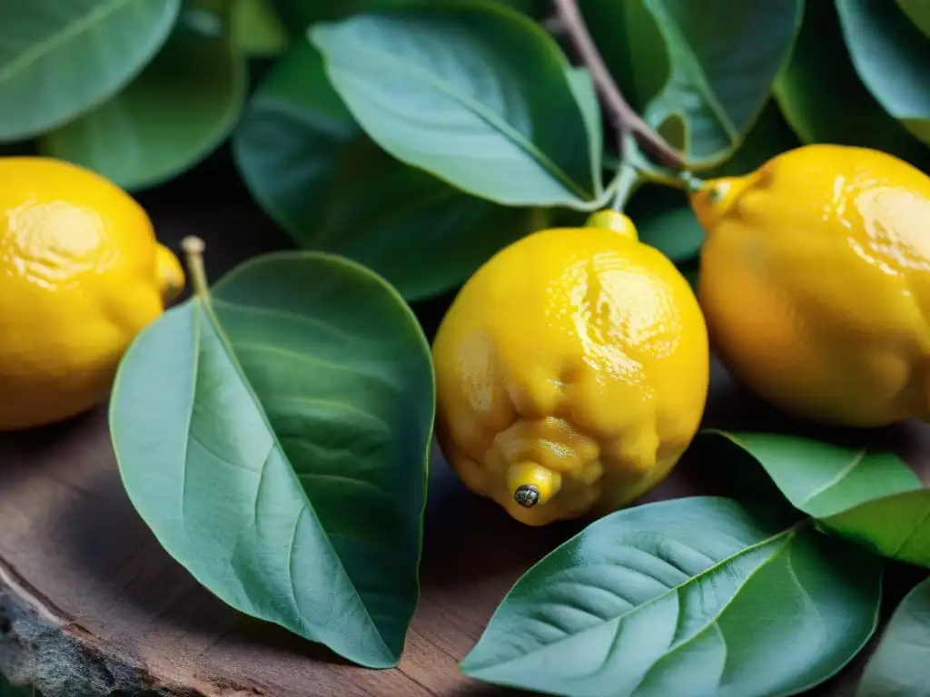 Detalles brillantes de limones recién cosechados en limonar soleado de la costa Amalfitana