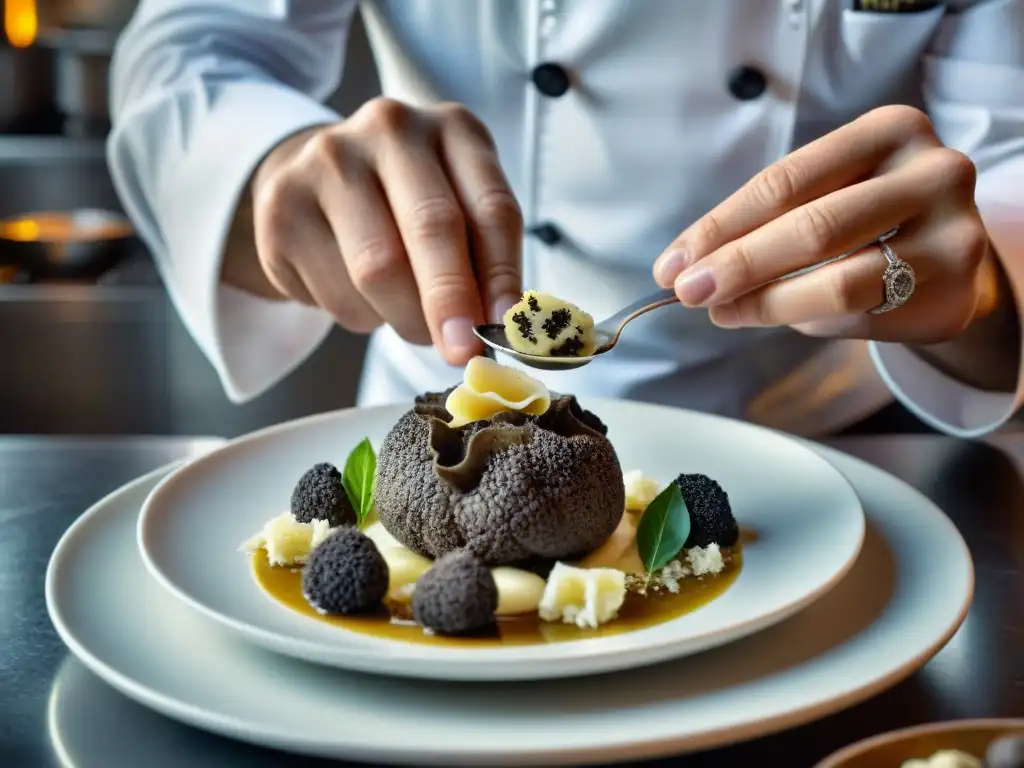 Detalles de un chef rallando trufas negras sobre plato en cocina moderna de Umbría