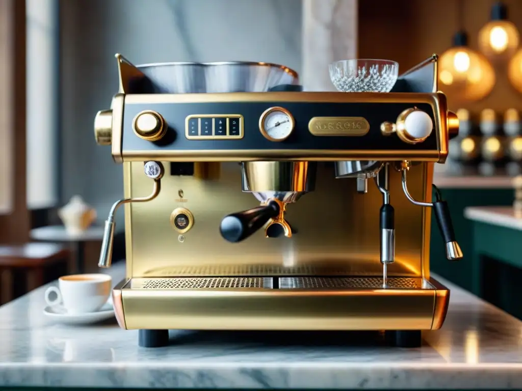 Detalles en latón y cobre de una máquina de café espresso en un café histórico en Italia, evocando la historia del café en Italia