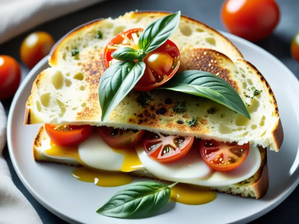 Detalles del Pane Cunzato Siciliano: pan crujiente, tomates maduros, mozzarella, albahaca, aceite de oliva, orégano y sal marina