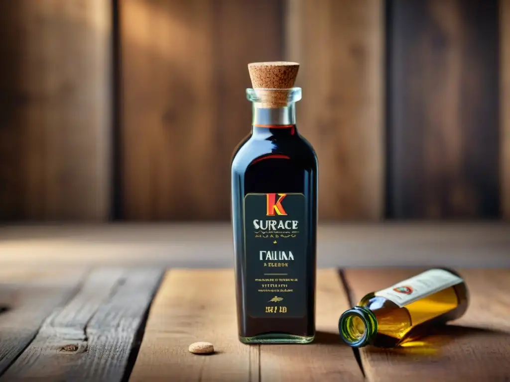 Detalles dorados en botella de cerámica italiana con vinagre balsámico en un escenario rústico