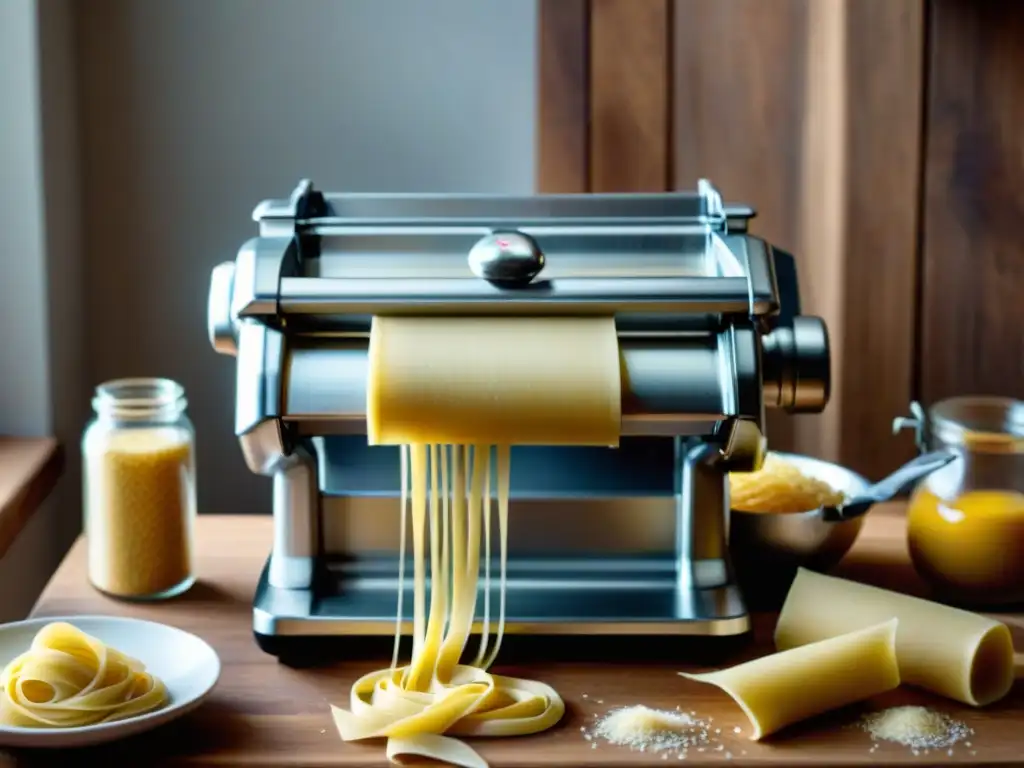 Detalles dorados de una máquina de pasta, creando pasta fresca con precisión