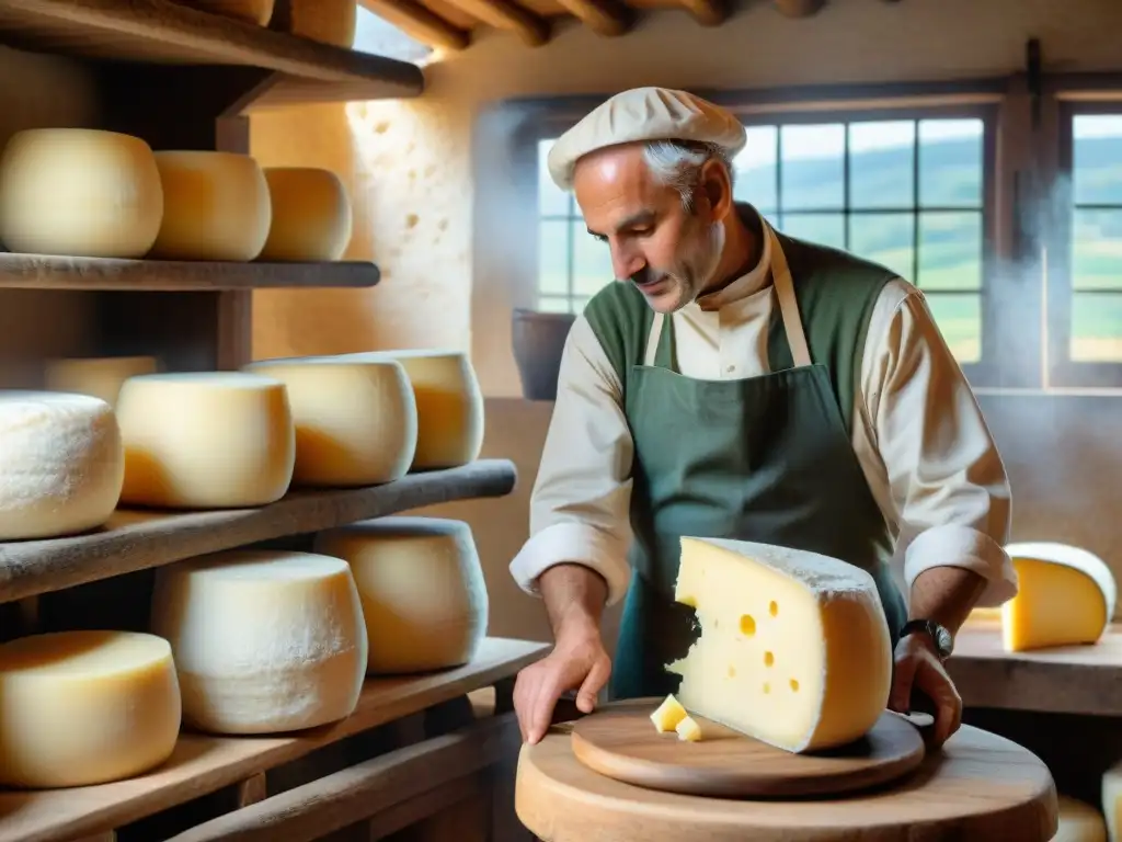 Detalles de la elaboración de quesos del norte de Italia en una granja rústica al atardecer