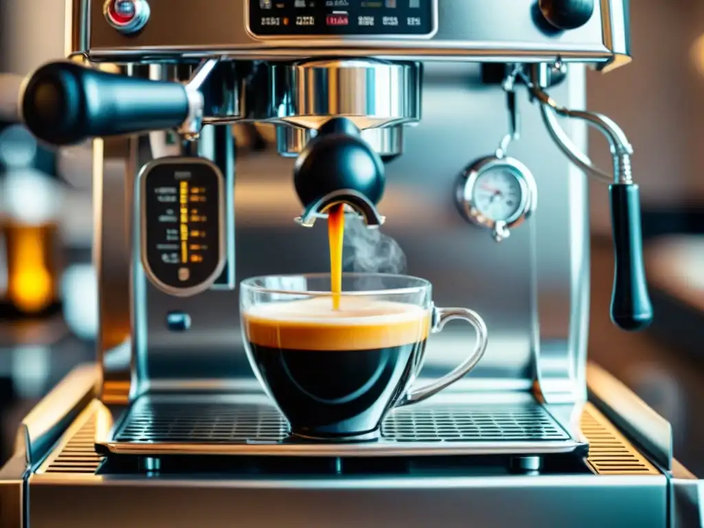 Detalles elegantes de una cafetera italiana cromada, con vaporera y espresso fluyendo en taza, muestra la precisión y elegancia del diseño italiano