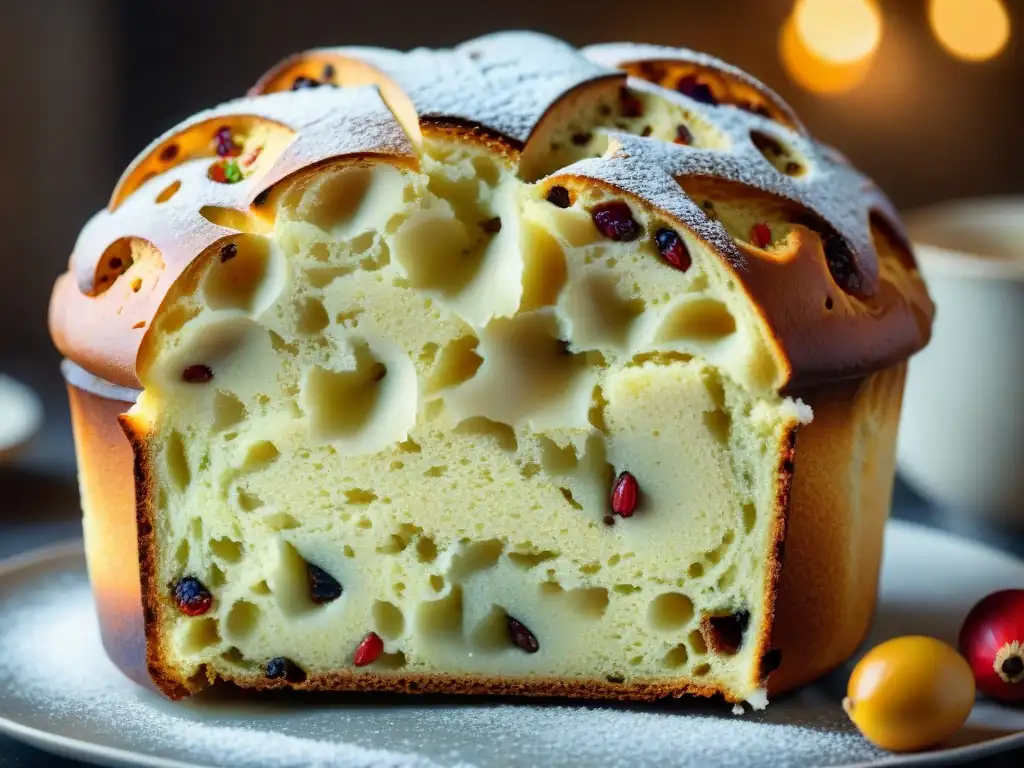 Detalles exquisitos de un Panettone recién horneado, resaltando su corteza dorada con frutas confitadas y almendras