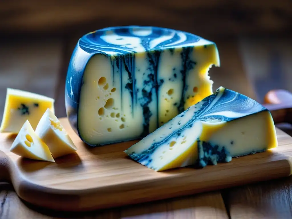 Exquisita marbling de queso azul: Gorgonzola y Roquefort en tabla rústica Detalles exquisitos del Gorgonzola y Roquefort en tabla rústica, comparativa gorgonzola roquefort quesos azules