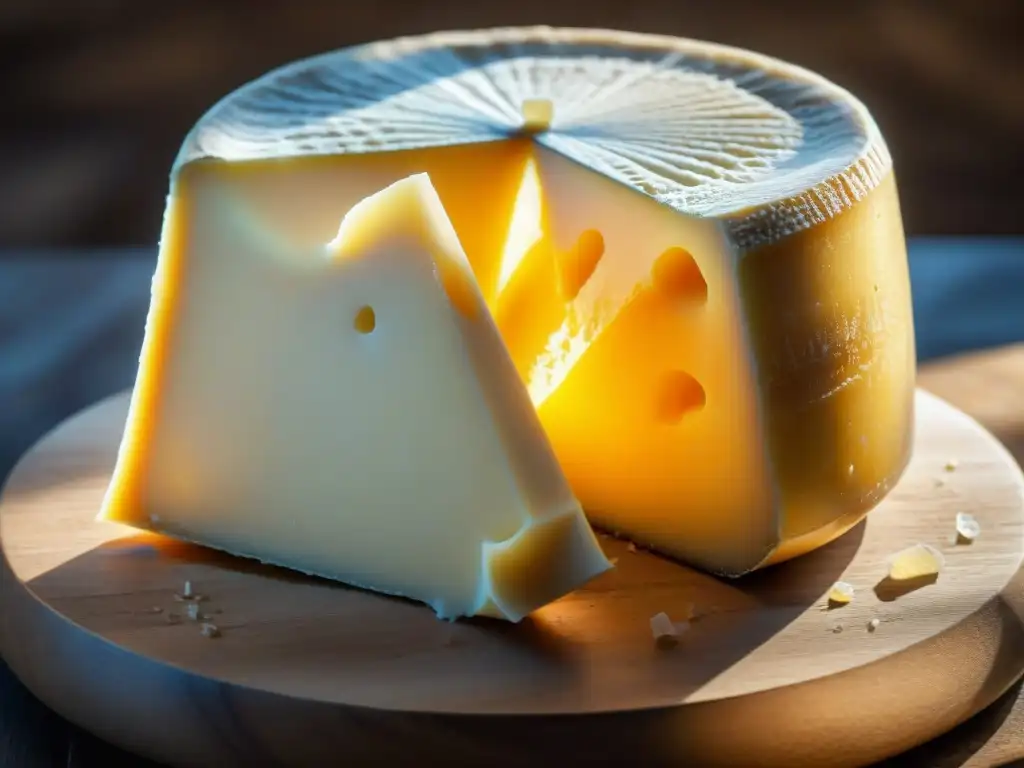 Detalles fascinantes de un queso Parmigiano Reggiano DOP, con cristales de sal y patrones en la corteza