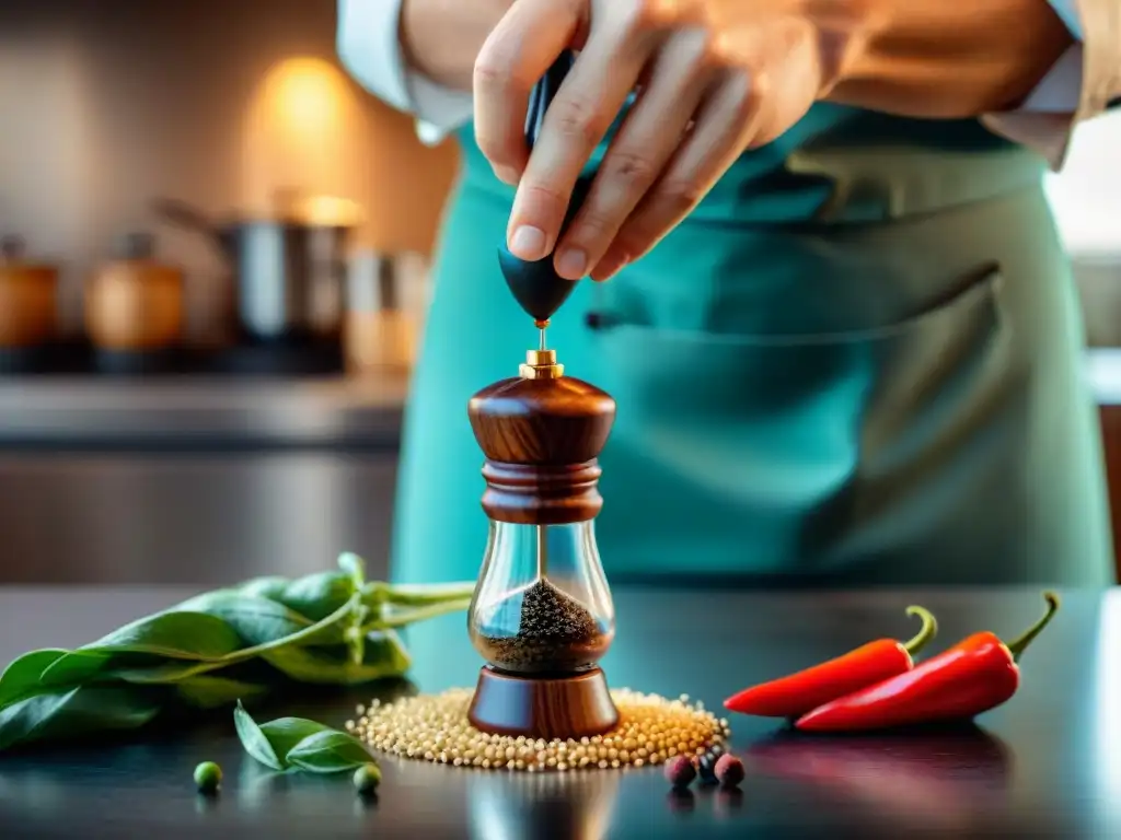 Detalles finos de un molino de pimienta italiano de lujo sostenido por un chef, en un entorno de cocina elegante