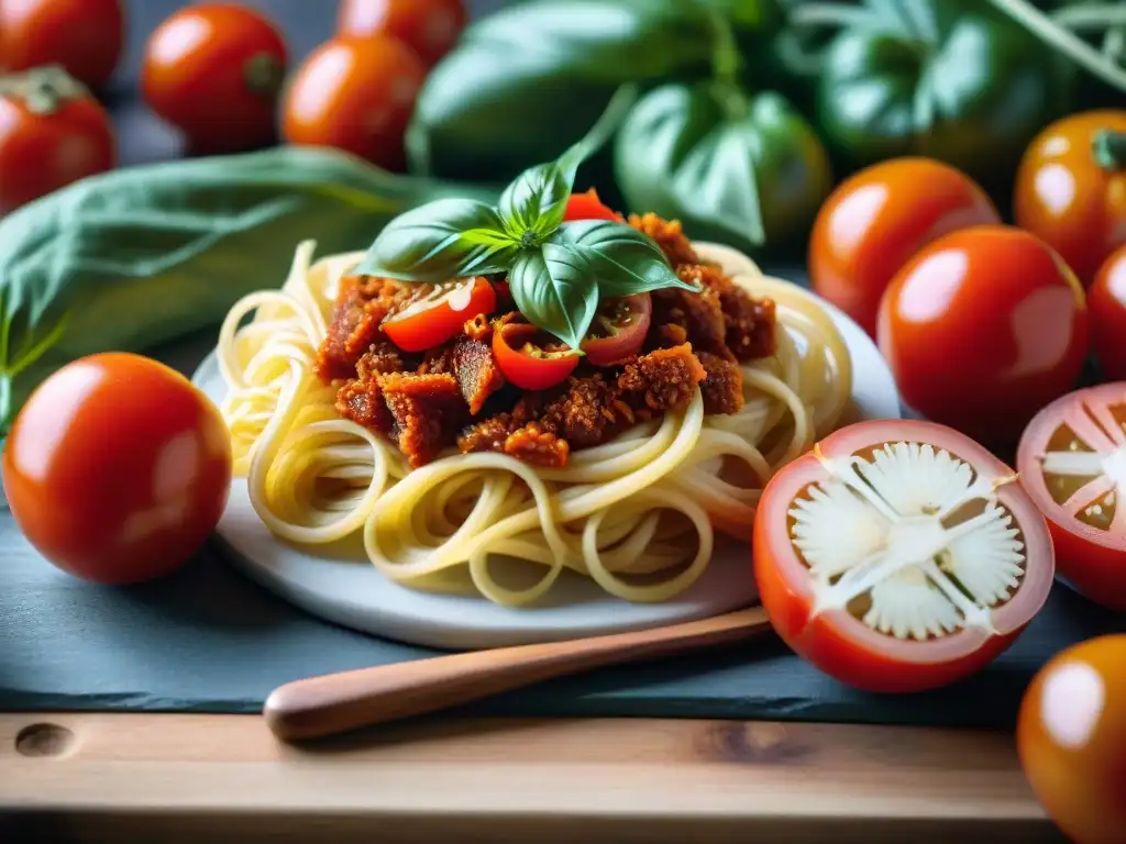 Detalles frescos de receta auténtica kimchi italiano en tomates, albahaca, ajo y chiles sobre tabla rústica