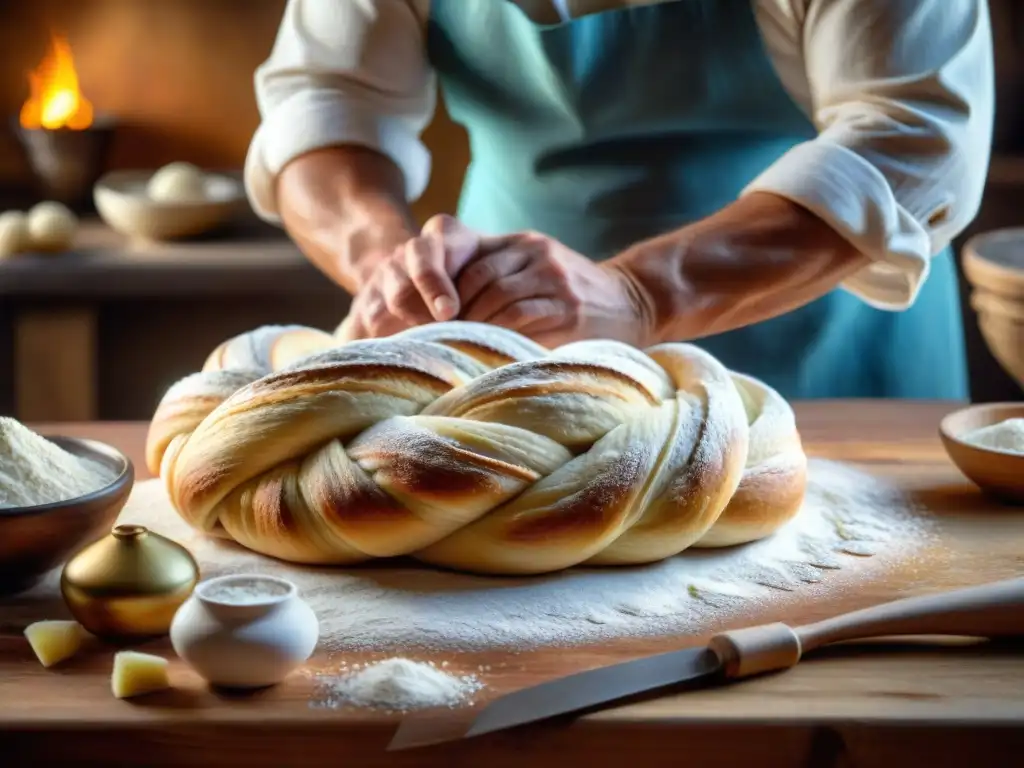 Detalles de la historia del pan italiano tradicional en la experta elaboración de un Roscón por un panadero