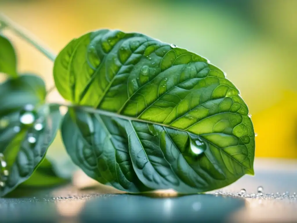 Detalles de hojas de albahaca recién cortadas brillando con rocío bajo la suave luz matutina