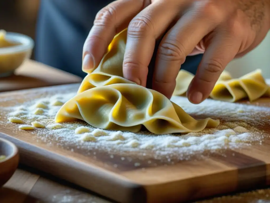 Detalles de las manos de un chef creando agnolotti, reflejando la destreza en la cocina piamontesa tradicional Davide Palluda