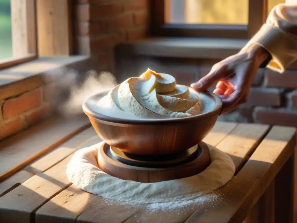 Detalles de manos amasando masa madre en pizza tradicional, bañadas por cálida luz solar en cocina rústica