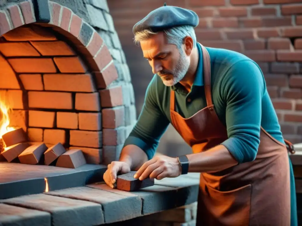 Detalles del mantenimiento horno leña: artesano inspecciona ladrillos en horno tradicional mientras las llamas iluminan su rostro concentrado