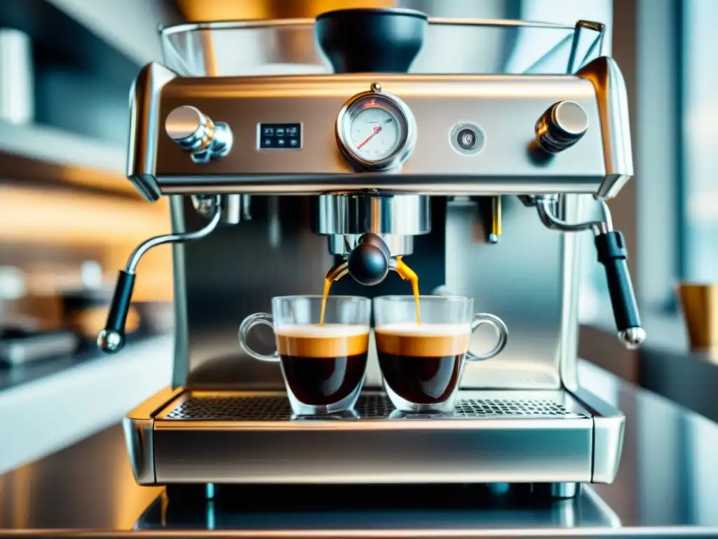 Detalles de una máquina de espresso en una cocina italiana moderna, reflejando técnicas de cocina italiana avanzadas