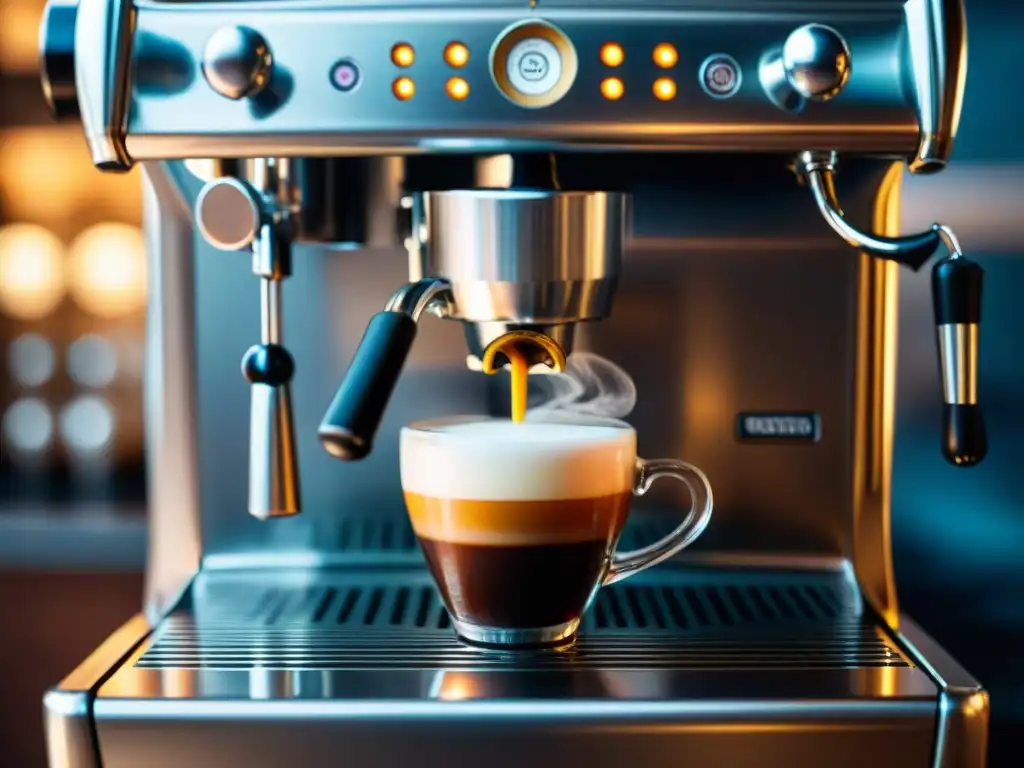 Detalles de una máquina de espresso italiana en acción, mostrando la crema y el vapor, perfecta para explorar cocina italiana con electrodomésticos