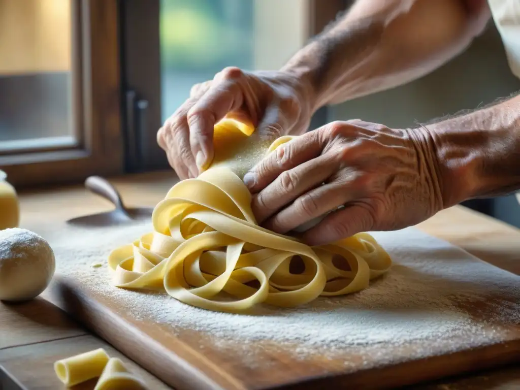 Detalles de la masa fresca en manos de un chef italiano, reflejando años de maestría culinaria