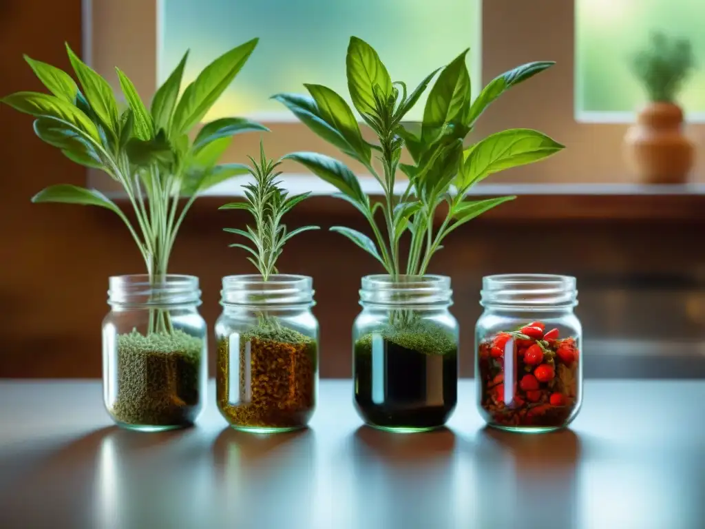 Detalles de una mesa de cocina italiana rústica con hierbas y especias en frascos, bañados por la luz del sol