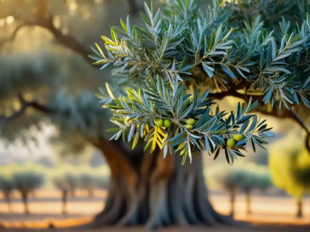 Detalles del olivo en un campo soleado, reflejando marcas aceite oliva premium sostenibles