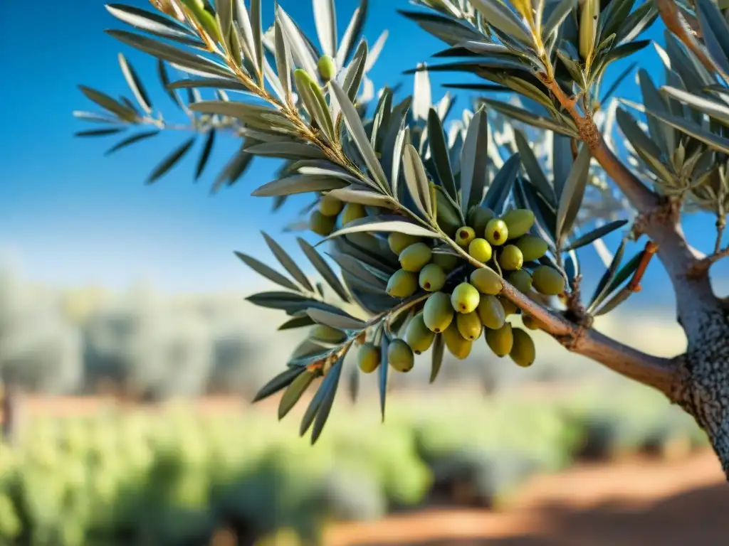 Detalles de un olivo maduro en un olivar soleado, con ramas cargadas de aceitunas brillantes