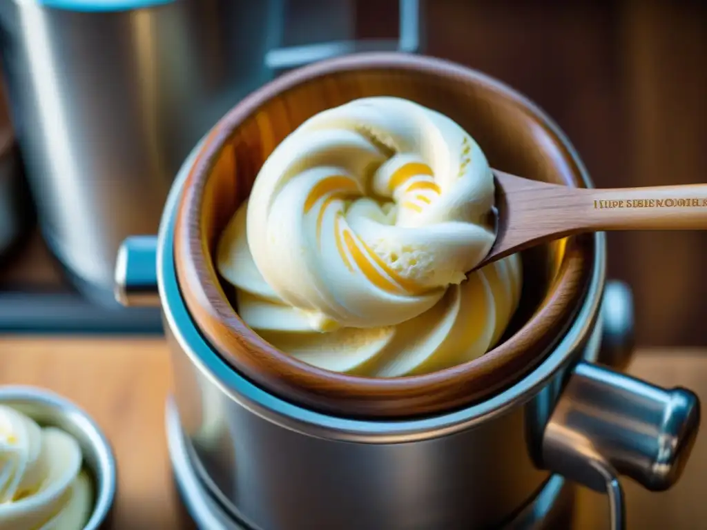 Detalles del proceso artesanal de hacer gelato casero en una máquina de madera, resaltando la calidad y sabor de la cocina italiana