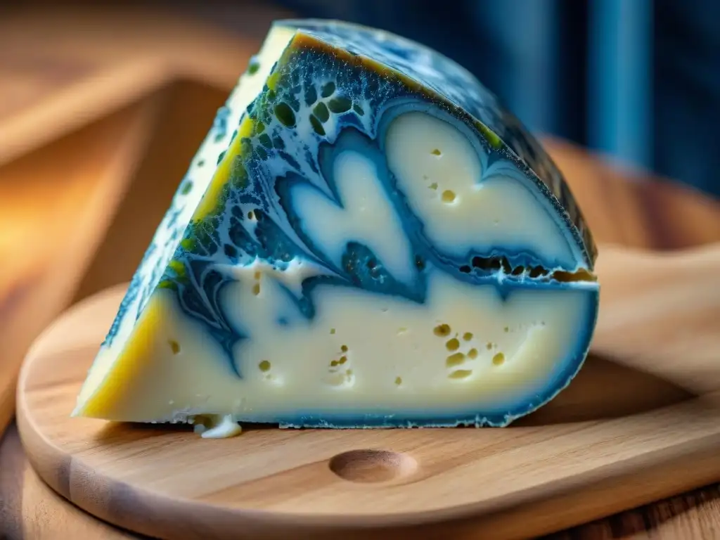 Delicioso queso Gorgonzola: textura y sabor en alta resolución Detalles del queso Gorgonzola authentic: maridaje de vetas azules sobre madera rústica, exquisita textura y sabor