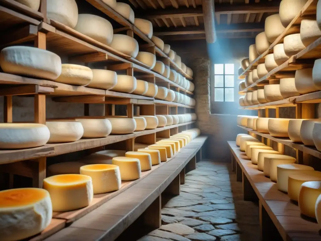 Detalles del queso Taleggio envejeciendo en bodega tradicional de Lombardía