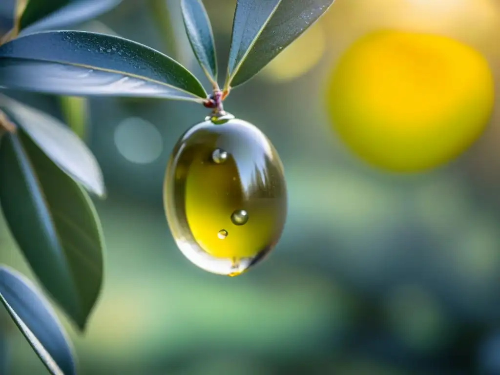 Detalles de una sola aceituna madura brillando con aceite de oliva premium, en un paisaje borroso de olivares bajo el sol mediterráneo