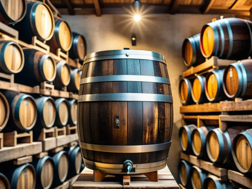 Detalles únicos de un barril de madera envejeciendo vinagre balsámico en una bodega italiana, evocando historia y tradición