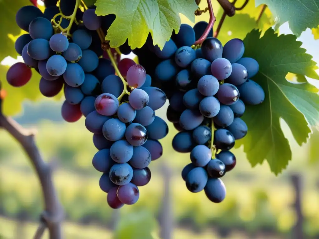 Detalles de uvas brillantes de vinagre balsámico, resaltando su belleza y los beneficios del vinagre balsámico en la viña iluminada por el sol