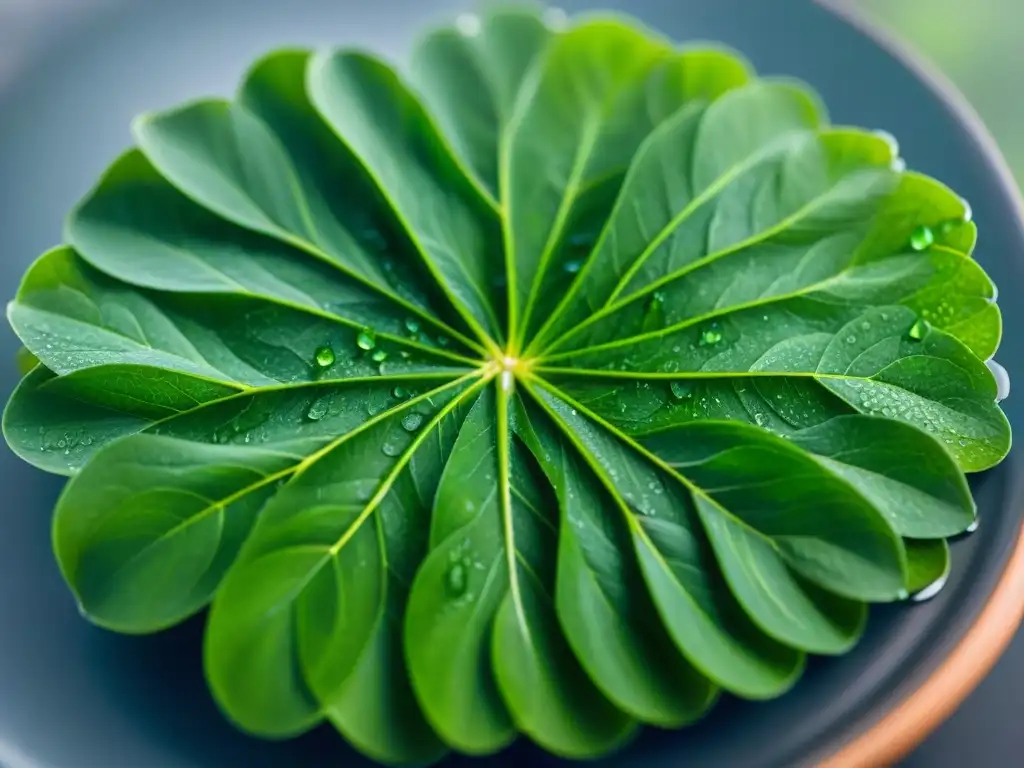 Detalles verdes y frescos del fenogreco en recetas italianas, con gotas de agua resaltando su belleza natural