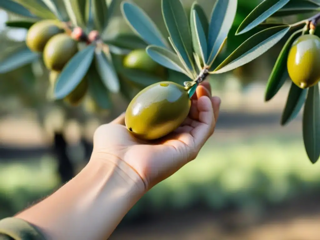 Detalles vibrantes de una aceituna recién cosechada en un campo de olivos al sol, ideal para aceites de oliva premium