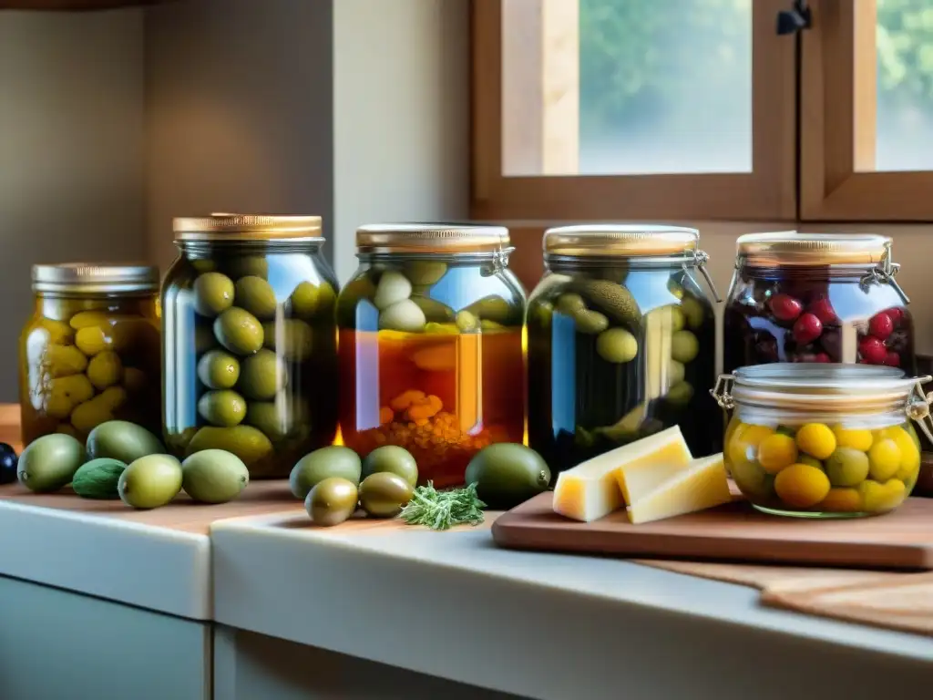 Detalles vibrantes de alimentos fermentados en una cocina italiana tradicional