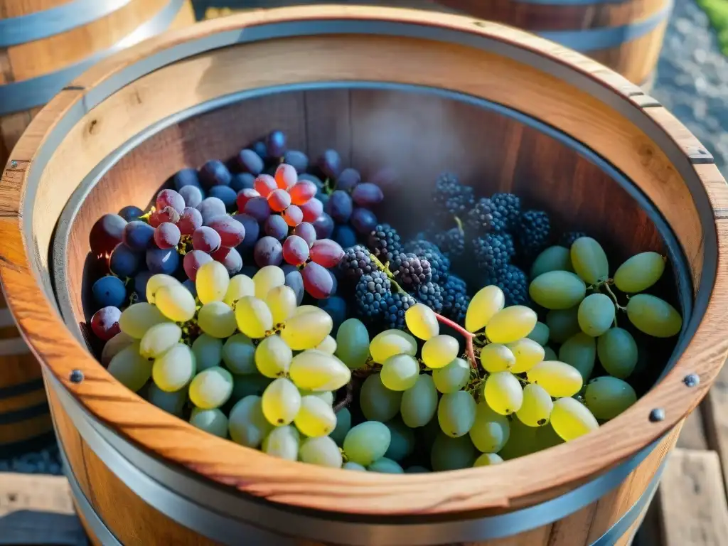 Detalles vibrantes de fermentaciones en la cocina italiana: uvas en barril de madera en proceso de fermentación