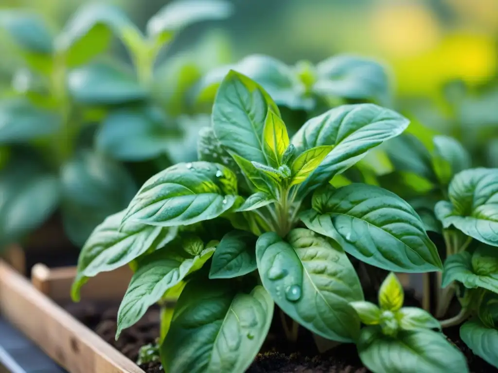 Detalles vibrantes de hojas de albahaca verde con rocío en jardín de hierbas italiano sostenible