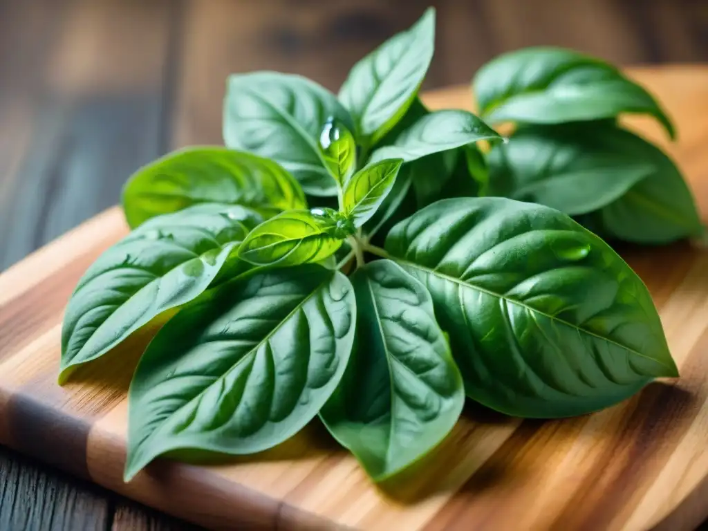 Detalles vibrantes de hojas de albahaca recién cortadas con agua, sobre tabla de madera