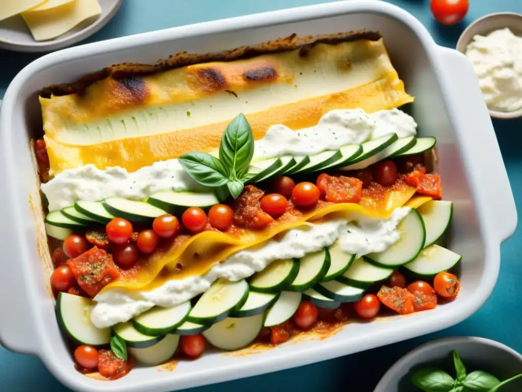 Detalles vibrantes de una receta de lasaña vegetariana saludable con capas de verduras frescas y coloridas en un plato de horno