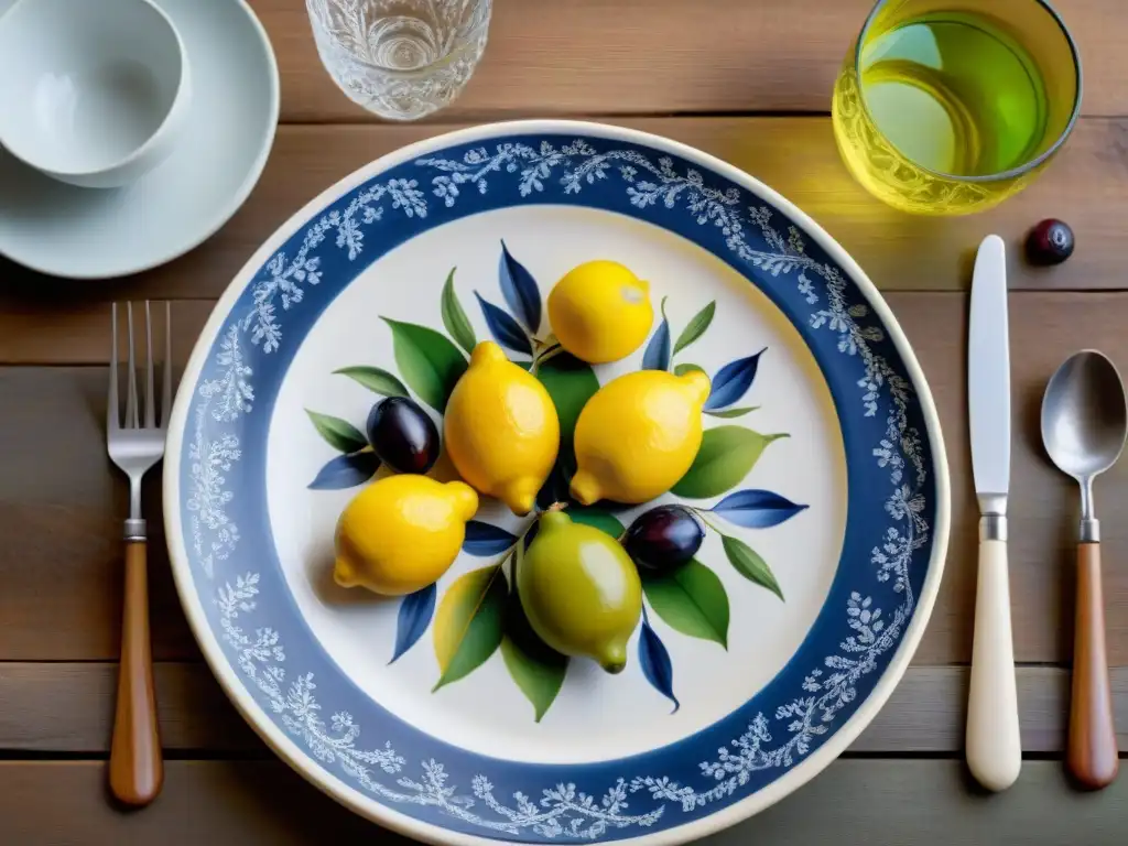 Detalles vibrantes de una vajilla italiana de diseñador moderna, con colores intensos y motivos tradicionales de limones y olivas sobre una mesa de madera rústica, iluminada por luz natural cálida