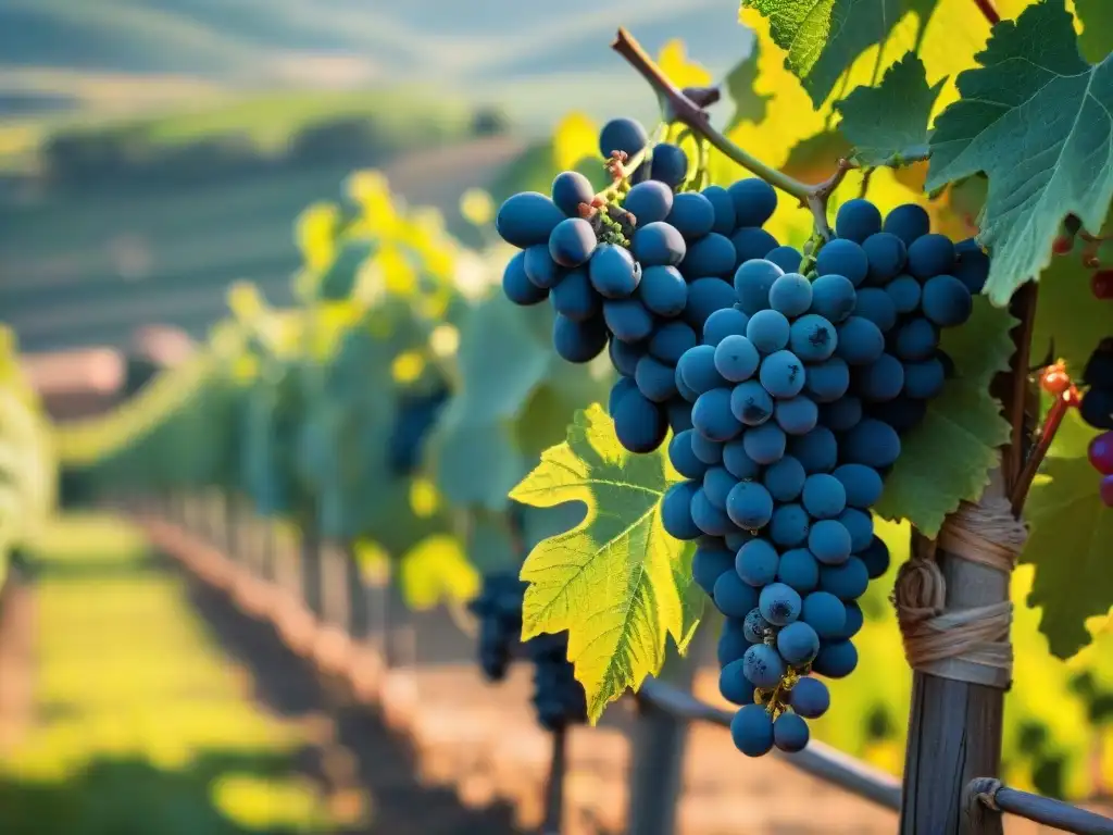 Detalles vibrantes de viñedo en Toscana: hojas verdes, suelo fértil y racimos coloridos