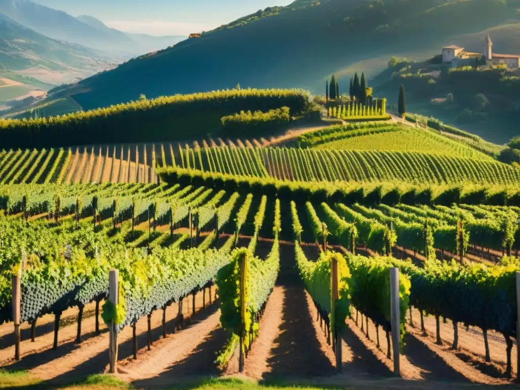 Detalles de viñedo italiano al atardecer, mostrando terroir único de regiones vinícolas menos conocidas