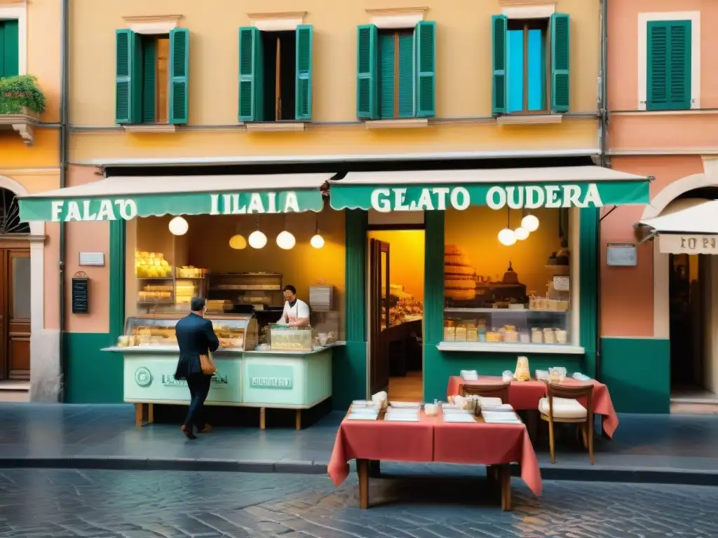 Un día soleado en una animada gelatería italiana en Roma, con clientes disfrutando de gelato artesanal