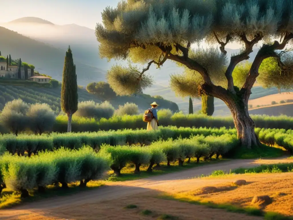 Un día soleado en un olivar del Sur de Italia, donde un agricultor cuida los árboles de olivo