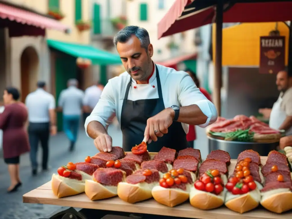 Un día vibrante en Calabria, Italia: vendedor prepara soppressata caliente en panino