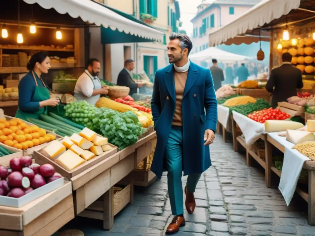 Transformación de la dieta italiana: mercado callejero bullicioso con coloridos puestos de productos frescos y delicias tradicionales