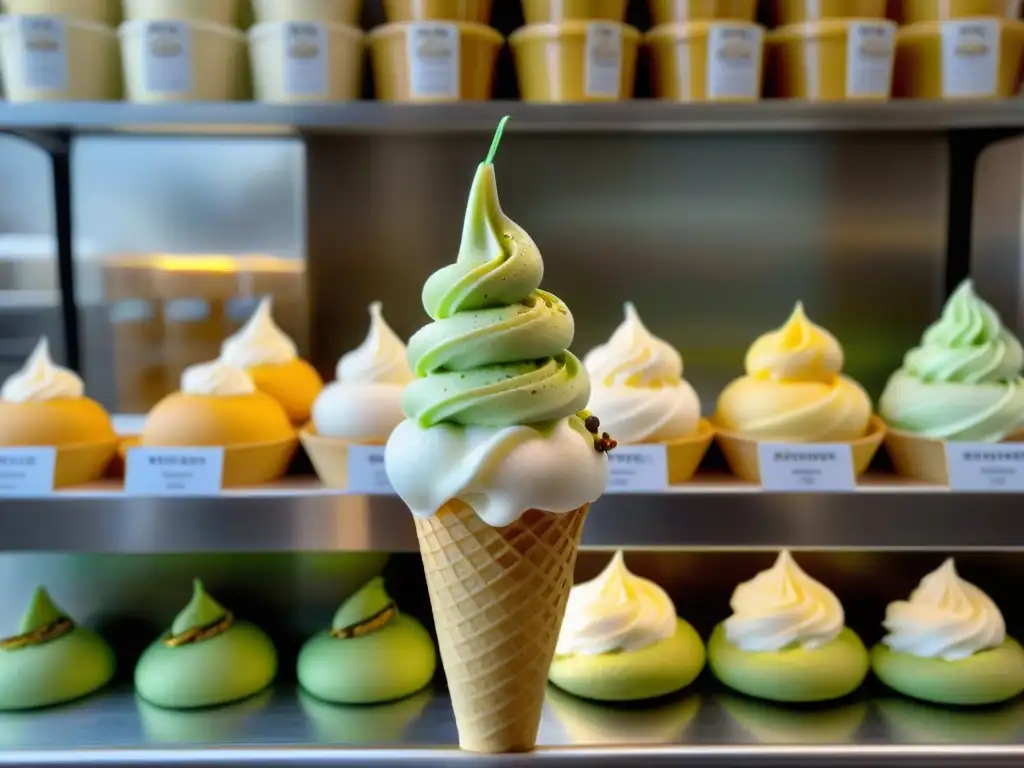 Diferencias entre gelato italiano: Detalle de un exquisito gelato de pistacho en cono artesanal, en una tradicional gelatería en Italia